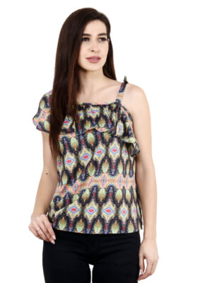 hazelglow Basics Designer Printed Multi colour One shoulder ruffle top for women 1 - 1 One Shoulder Top,