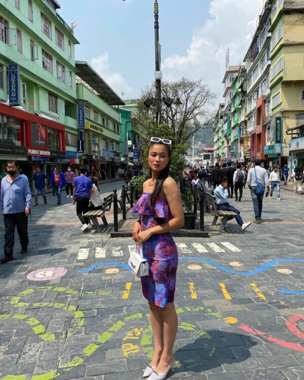 Off Shoulder Dress Party Wear Ruffel Foliage Blue Designer hazelglow